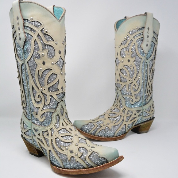 Corral Shoes - CORRAL WOMEN'S WHITE TURQUOISE GLITTER BOOTS - SNIP TOE